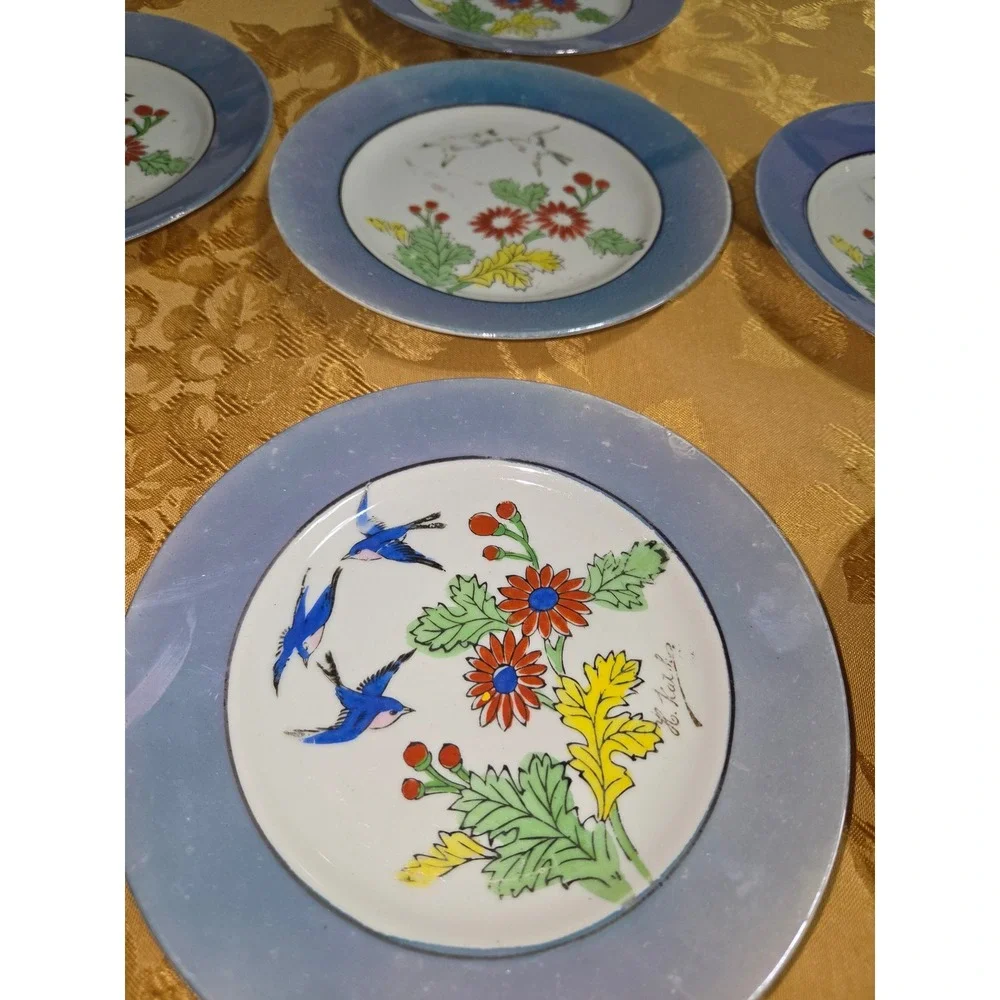 Vintage Japanese Lusterware Bluebird Flower Plates Set of 7 Made in Japan Blue